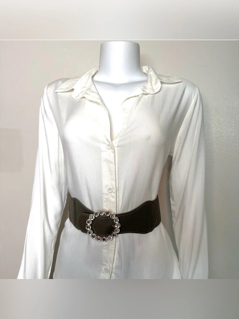 Olive green PU leather circle buckle rhinestone details elastic waistband belt